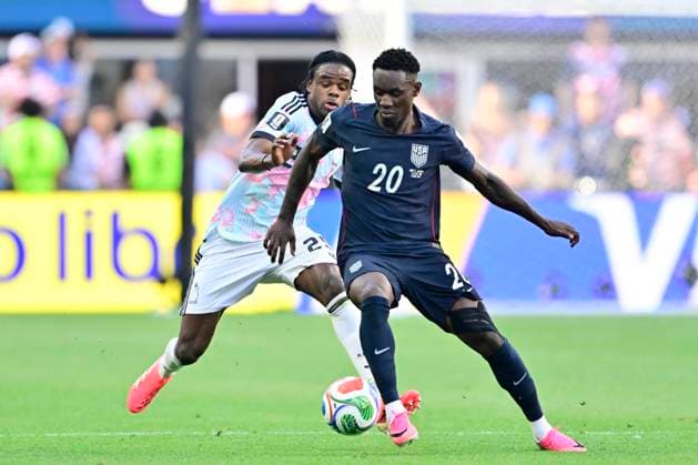 USA vs Belgium - FIFA World Cup, WM, Weltmeisterschaft, Fussball 2026 SEATTLE, UNITED STATES OF AMERICA - JULY 06 : Balogun Folarin forward of USA and Ngoy Nathan defender of Belgium pictured during the FIFA World Cup 2026 round of 16 match between the United States of America and Belgium at the Lumen Field stadium on July 6, 2026 in Seattle, United States of America, 06 07 2026 Seattle United States of America  Copyright: xJanxDexMeuleneirx