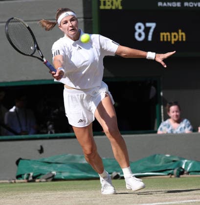 Czech Karolina Muchova plays a forehand in her Women s Quarter-Finals match against Japan s Naomi Osaka on day nine of the 2026 Wimbledon Championships in London on Tuesday, July 7, 2026.  LON2026070748 HUGOxPHILPOTT