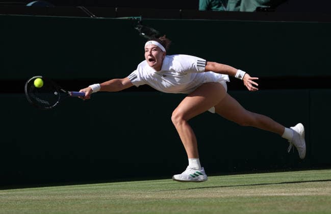 Czech Karolina Muchova plays a forehand in her Women s Quarter-Finals match against Japan s Naomi Osaka on day nine of the 2026 Wimbledon Championships in London on Tuesday, July 7, 2026.  LON2026070756 HUGOxPHILPOTT