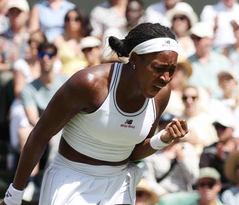 American Coco Gauff reacts in her Quarter-Finals match against American Jessica Pegula on day nine of the 2026 Wimbledon Championships in London on Tuesday, July 07, 2026. Gauff won the match 4-6 6-3 6-3.  LON2026070708 HUGOxPHILPOTT