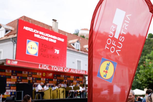 CYCLING - Oesterreich Rundfahrt 2026 GRAZ,AUSTRIA,07.JUL.26 - CYCLING - Tour of Austria, team presentation. Image shows a feature of a banner.  GEPAxpictures xJamesxDoak