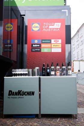 CYCLING - Oesterreich Rundfahrt 2026 GRAZ,AUSTRIA,07.JUL.26 - CYCLING - Tour of Austria, team presentation. Image shows a feature of a drinks stand.  GEPAxpictures xJamesxDoak