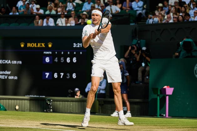 July 7, 2026, London, London, Great Britain: returns with backhand during The Championships Wimbledon , 7.7.2026 in London (All England Lawn Tennis and Croquet Club), Great Britain Tennis 2026: Grand Slam: The Championships Wimbledon: 9th Day: 4th Round: ZVEREV 6:4 7:5 3:6 7:6 LEHECHKA  - ZUMAs343 20260707_zsp_s343_100 Copyright: xMathiasxSchulzx