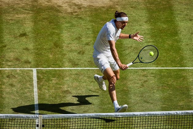 July 7, 2026, London, London, Great Britain: returns with backhand during The Championships Wimbledon , 7.7.2026 in London (All England Lawn Tennis and Croquet Club), Great Britain Tennis 2026: Grand Slam: The Championships Wimbledon: 9th Day: 4th Round: ZVEREV 6:4 7:5 3:6 7:6 LEHECHKA  - ZUMAs343 20260707_zsp_s343_104 Copyright: xMathiasxSchulzx