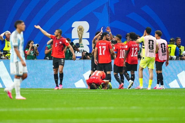 Argentina v Egypt - FIFA World Cup, WM, Weltmeisterschaft, Fussball 2026 - Round of 16 ATLANTA, USA - JULY 07: Players of Egypt celebrate after a goal, which was disallowed by the VAR, during the 2026 FIFA World Cup Round of 16 match between Argentina and Egypt at Mercedes-Benz Stadium (Atlanta Stadium) in Atlanta, Georgia, United States on July 07, 2026. Evrim Aydin Anadolu Georgia United States. Editorial use only. Please get in touch for any other usage.  Copyright: x2026xAnadoluxEvrimxAydinx