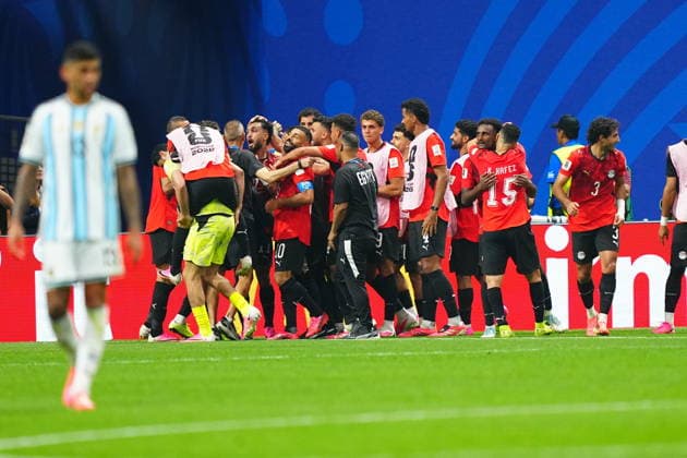 Argentina v Egypt - FIFA World Cup, WM, Weltmeisterschaft, Fussball 2026 - Round of 16 ATLANTA, USA - JULY 07: Mostafa Ziko (11) of Egypt celebrates with his teammates after scoring a goal during the 2026 FIFA World Cup Round of 16 match between Argentina and Egypt at Mercedes-Benz Stadium (Atlanta Stadium) in Atlanta, Georgia, United States on July 07, 2026. Evrim Aydin Anadolu Georgia United States. Editorial use only. Please get in touch for any other usage.  Copyright: x2026xAnadoluxEvrimxAydinx