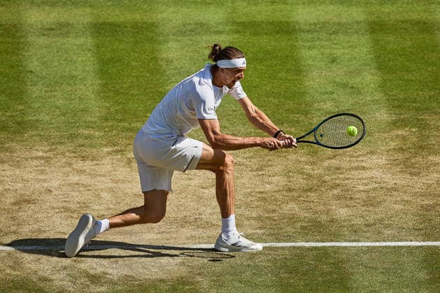 July 7, 2026, London, London, Great Britain: returns with backhand during The Championships Wimbledon , 7.7.2026 in London (All England Lawn Tennis and Croquet Club), Great Britain Tennis 2026: Grand Slam: The Championships Wimbledon: 9th Day: 4th Round: ZVEREV 6:4 7:5 3:6 7:6 LEHECKA  - ZUMAs343 20260707_zsp_s343_111 Copyright: xMathiasxSchulzx