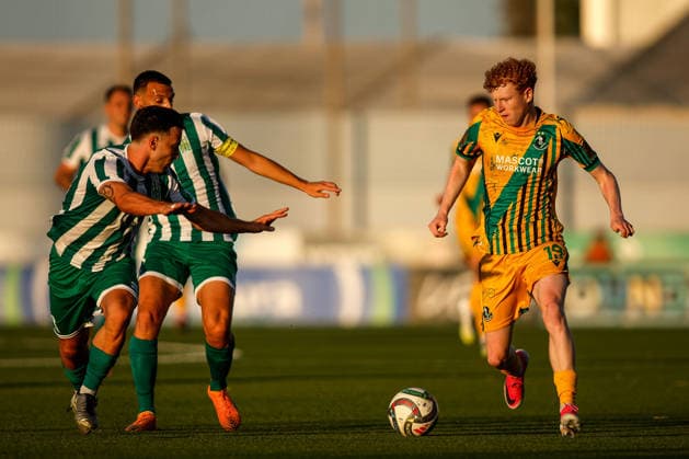 UEFA Champions League First Qualifying Round First Leg, Centenary Stadium, Attard, Malta 7 7 2026 Floriana vs Shamrock Rovers Shamrock Rovers Adam Brennan in action with Floriana™s Dunstan Vella Adam Brennan in action with Dunstan Vella 7 7 2026  Copyright: xDARRINxZAMMITxLUPIx __ZL4461