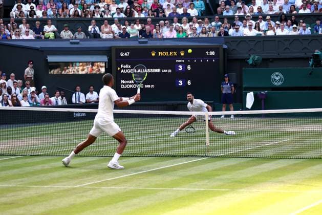 Novak Djokovic and Felix Auger-Aliassime during their quarter-final match Wimbledon Tennis Championships, Day 9, The All England Lawn Tennis and Croquet Club, London, UK - 07 Jul 2026London The All England Lawn Tennis and United Kingdom  Copyright: xKieranxMcManus Shutterstockx 16978030db