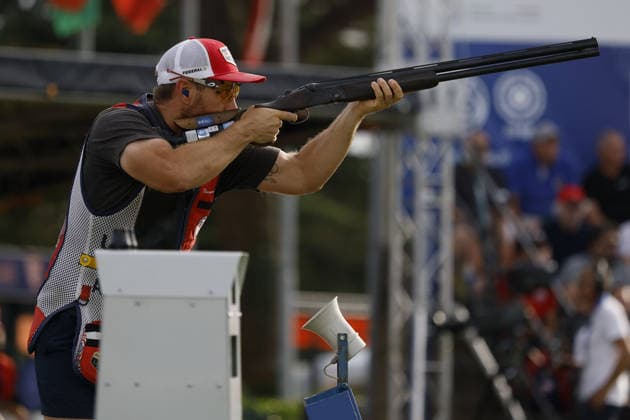 IPA86479400 - Hancock Vincent of the United States shoots during the third day of the ISSF World Cup Shotgun competition at the Concaverde Shooting Range on July 7, 2026, in Lonato del Garda, Italy.  Copyright: xRichardxMorgano IPAxSportx xx 86479400