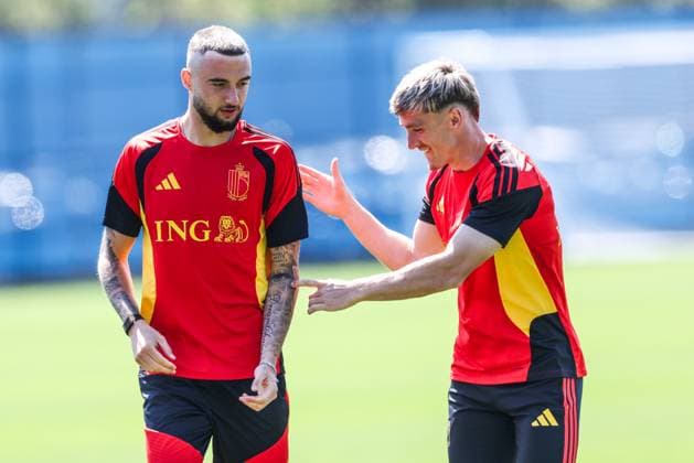 Belgium s Zeno Debast and Belgium s Alexis Saelemaekers pictured during a training session of Belgian national soccer team Red Devils, on Tuesday 07 July 2026 in their base camp, home of the Seattle Sounders, Renton, Seattle, USA. The Rode Duivels - Diables Rouges qualified for the knockout stage of the 2026 FIFA World Cup, WM, Weltmeisterschaft, Fussball where they ll meet Spain in the round of 8 on July 10th. BRUNOxFAHY  x180665965x