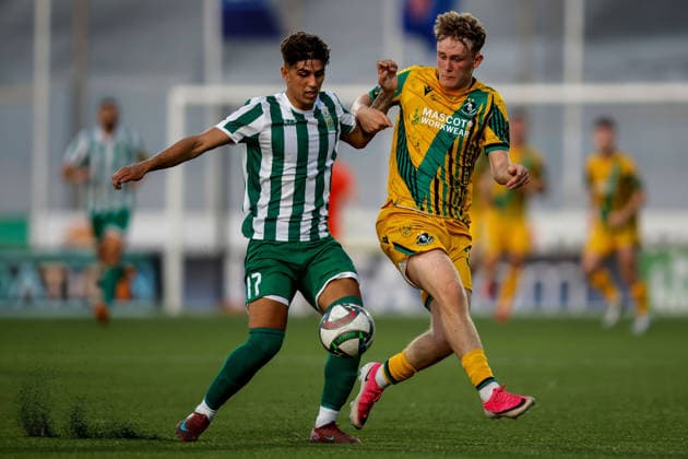 UEFA Champions League First Qualifying Round First Leg, Centenary Stadium, Attard, Malta 7 7 2026 Floriana vs Shamrock Rovers Floriana™s Owen Spiteri in action with Shamrock Rovers Michael Noonan Owen Spiteri in action with Michael Noonan 7 7 2026  Copyright: xDARRINxZAMMITxLUPIx __ZL4918