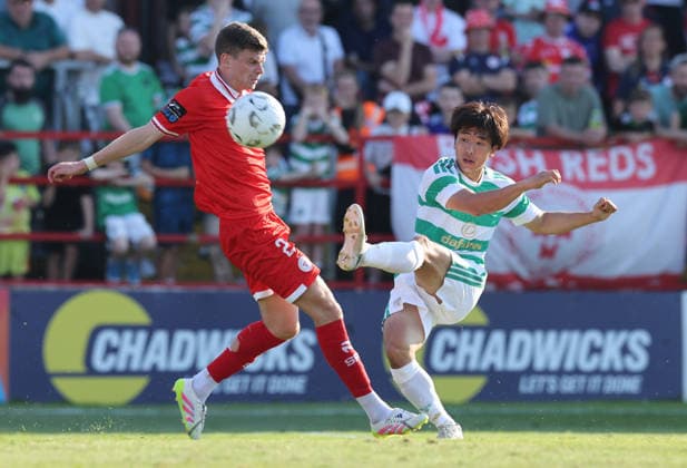 Shin Yamada of Celtic and Joey Sean Gannon of Shelbourne Shelbourne FC v Celtic , Preseason Friendly, Football, Tolka Park, Dublin, Ireland - 07 Jul 2026Dublin Tolka Park Ireland  Copyright: xLorrainexO Sullivan Shutterstockx 16980106x