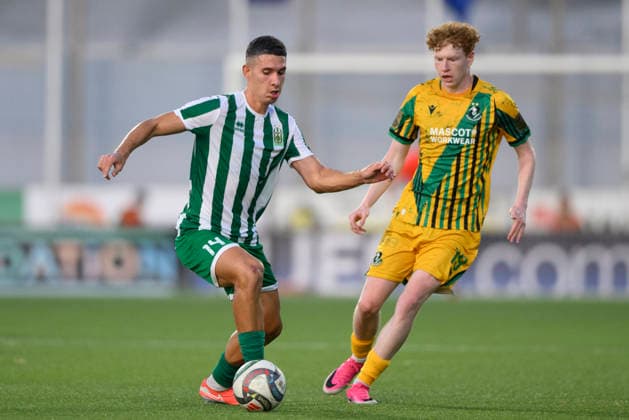 Alen Kurtalic and Adam Brennan seen during UEFA Champions League first round qualifying game between teams of Floriana and Shamrock Rovers (Beppe Camilleri Ball Raw Images) Marsa Centenary Stadium Malta Copyright: xBeppexCamillerix beppecamilleri_floriana_shamrock_2526_2-22