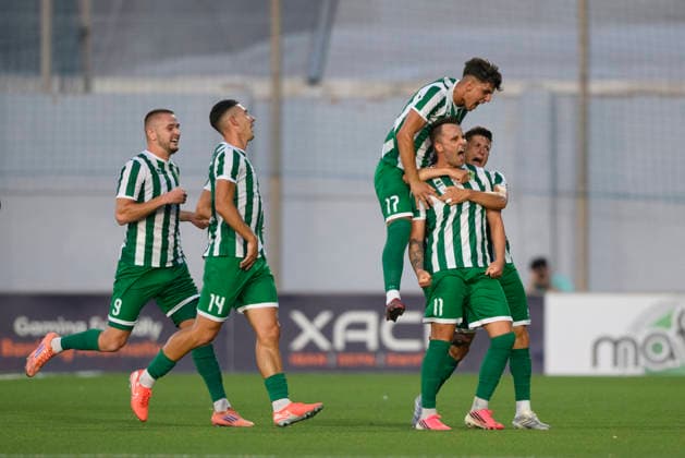 Robert Muric and players of Floriana seen celebrating after scoring goal during UEFA Champions League first round qualifying game between teams of Floriana and Shamrock Rovers (Beppe Camilleri Ball Raw Images) Marsa Centenary Stadium Malta Copyright: xBeppexCamillerix beppecamilleri_floriana_shamrock_2526_2-29