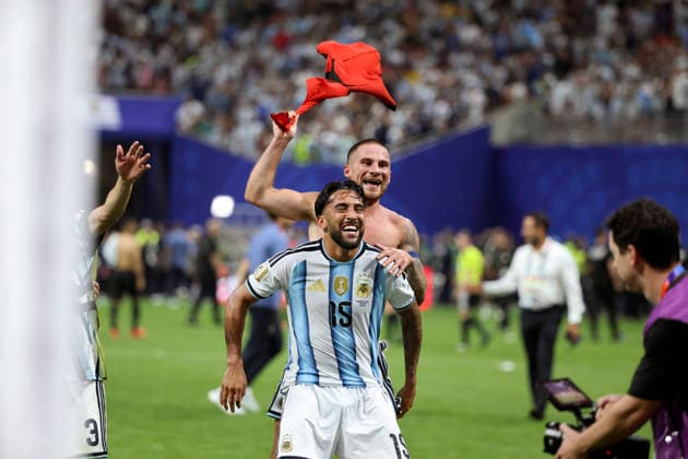 07.07.2026, Fussball Weltmeisterschaft 2026 in den USA, Achtelfinale, Argentinien - Ägypten, im Mercedes-Benz Stadium (Atlanta, GA), Jubel bei Nicolas Gonzalez (Argentinien) ***FIFA regulations prohibit any use of photographs as image sequences and or quasi-video. EDITORIAL USE ONLY*** *** July 7, 2026, 2026 FIFA World Cup in the U.S., Round of 16, Argentina vs. Egypt, at Mercedes-Benz Stadium in Atlanta, GA; Nicolas Gonzalez of Argentina celebrates ***FIFA regulations prohibit any use of photographs as image sequences and or quasi-video. EDITORIAL USE ONLY***