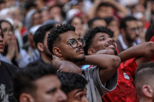 Egyptian football fans watch FIFA World Cup, WM, Weltmeisterschaft, Fussball in Cairo CAIRO, EGYPT - JULY 7: Egyptian football fans react with sadness after their national team, Nationalteam lost the 2026 FIFA World Cup Round of 16 match against Argentina while watching the game on public screens in Cairo, Egypt, on July 7, 2026. Mohamed Elshahed Anadolu Cairo Egypt. Editorial use only. Please get in touch for any other usage.  Copyright: x2026xAnadoluxMohamedxElshahedx