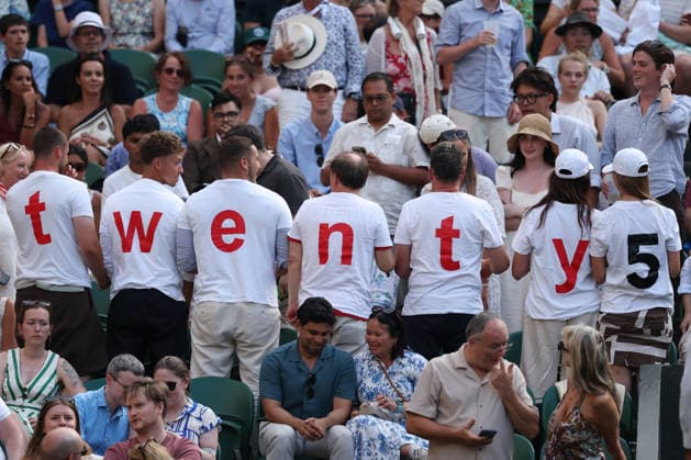 RECORD DATE NOT STATED 7th July 2026; All England Lawn Tennis and Croquet Club, London, England; Wimbledon Tennis Tournament, Day Nine; Novak Djokovic (SRB) fans inside Centre Court JohnxPatrickxFletcher