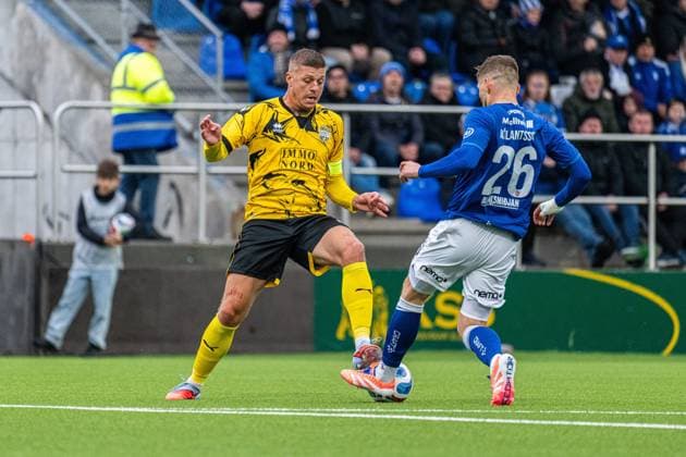 Atert Bissen s Roman Ferber and Klaskvik s Gilli Rolantsson fight for the ball during a game between Faroese Klaksvik and Luxembourg Atert Bissen, on Tuesday 07 July 2026, in Klaksvik, Faroe Islands, the first leg in the first qualifying round in the UEFA Champions League competition. EMILExWINDAL  x180671577x