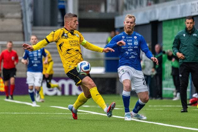 Atert Bissen s Roman Ferber and Klaskvik s Odmar Faer? fight for the ball during a game between Faroese Klaksvik and Luxembourg Atert Bissen, on Tuesday 07 July 2026, in Klaksvik, Faroe Islands, the first leg in the first qualifying round in the UEFA Champions League competition. EMILExWINDAL  x180671605x