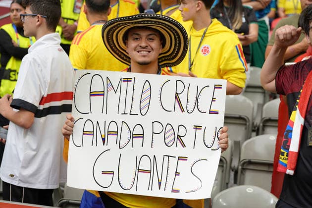 Colombian fan reacts before a Round of 16 match at the 2026 FIFA World Cup, WM, Weltmeisterschaft, Fussball between Switzerland and Colombia at BC Place Stadium in Vancouver, Canada, 07 July 2026. FIFA World Cup 2026 - Round of 16 - Switzerland vs Colombia !ACHTUNG: NUR REDAKTIONELLE NUTZUNG!  Copyright: xOmarxAlonsox AMDEP8446 20260707-55020830432_1