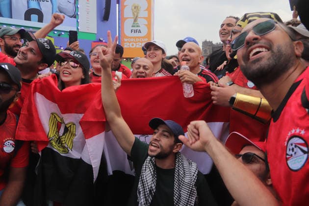 Argentina v Egypt FIFA Fan Fest - FIFA World Cup, WM, Weltmeisterschaft, Fussball 2026 Egyptian national team, Nationalteam fans support their national team while watching the FIFA World Cup 2026 round of 16 match between Argentina and Egypt on a giant screen at FIFA World Cup 2026 Fan Festival. on July 7, 2026, in Mexico City, Mexico. (Photo by Carlos Santiago Eyepix Group) Copyright: xCarlosxSantiago xEyepixxGroupx CS_07072026_191814