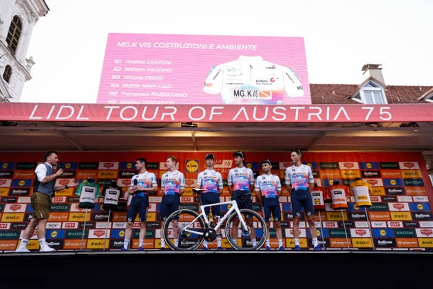 CYCLING - Oesterreich Rundfahrt 2026 GRAZ,AUSTRIA,07.JUL.26 - CYCLING - Tour of Austria, team presentation. Image shows Andrea Cantoni (ITA MG.K VIS Costruzioni e Ambiente), William Harding (GBR MG.K VIS Costruzioni e Ambiente), Vittorio Friggi, Mattia Marcozzi, Francesco Parravano and Matteo Spreafico (ITA MG.K VIS Costruzioni e Ambiente).  GEPAxpictures xJamesxDoak