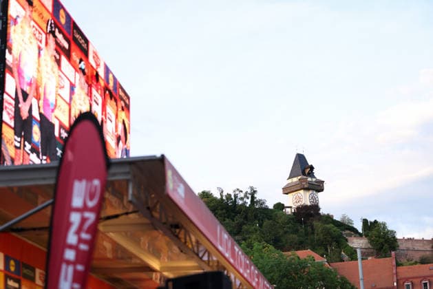 CYCLING - Oesterreich Rundfahrt 2026 GRAZ,AUSTRIA,07.JUL.26 - CYCLING - Tour of Austria, team presentation. Image shows graz clock tower.  GEPAxpictures xJamesxDoak