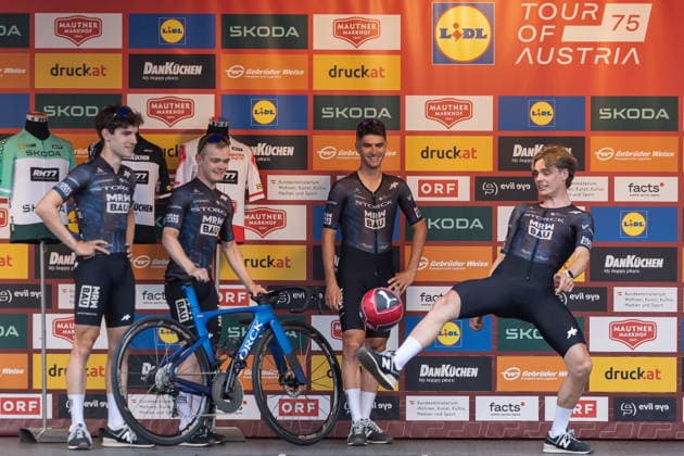 07.07.2026, Graz, AUT, Lidl Tour of Austria 2026, Teampräsentation, im Bild Team Storck - MRW Bau mit Henri Johannes Appelbaum (GER), Florian Hochuli (SUI), Alvaro Sagrado Perez (ESP), Noe Ury (LUX), Lennart Voege (GER), Tim Wafler (AU) Team Storck - MRW Bau with Henri Johannes Appelbaum of Germany Florian Hochuli of Switzerland Alvaro Sagrado Perez of Spain Noe Ury of Luxembourg Lennart Voege of Germany Tim Wafler of Austria during team presentation of the 2026 Lidl Tour of Austria. Graz, Austria on. Pictures 2026, PhotoCredit: Johann Groder Foto:Eibner-Pressefoto Groder Graz *** July 7, 2026, Graz, AUT, Lidl Tour of Austria 2026, Team Presentation, pictured: Team Storck MRW Bau with Henri Johannes Appelbaum (GER), Florian Hochuli (SUI), Alvaro Sagrado Perez (ESP), Noe Ury (LUX), Lennart Voege (GER), Tim Wafler (AU). Team Storck MRW Bau with Henri Johannes Appelbaum of Germany, Florian Hochuli of Switzerland, Alvaro Sagrado Perez of Spain, Noe Ury of Luxembourg, Lennart Voege of Germany, and Tim Wafler of Austria during the team presentation for the 2026 Lidl Tour of Austria in Graz, Austria on Pictures 2026, Photo Credit: Johann Groder, Foto Eibner, Pressefoto Groder, Graz  EP_gro