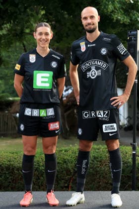 SOCCER - BL, Sturm, jersey presentation FROHNLEITEN,AUSTRIA,07.JUL.26 - SOCCER - ADMIRAL Bundesliga, SK Sturm Graz, jersey presentation. Image shows Laura Krumboeck and Jon Gorenc-Stankovic (Sturm).  GEPAxpictures xMarioxBuehner-Weinrauch