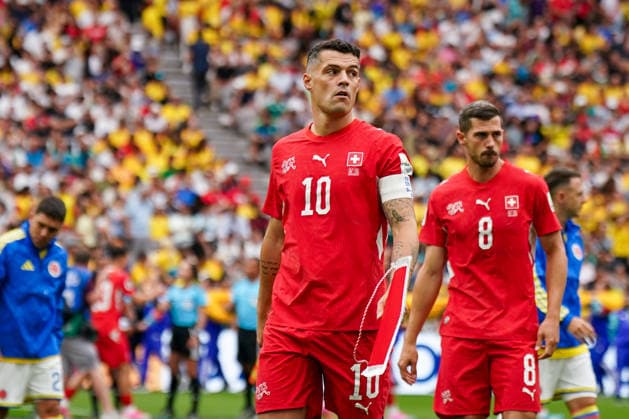 Kanada: Fußball FIFA World Cup, WM, Weltmeisterschaft, Fussball 2026, Achtelfinale - Schweiz vs Kolumbien - BC Place, Vancouver: Granit Xhaka (Schweiz, 10) Remo Freuler (Schweiz, 8) *** Canada Soccer 2026 FIFA World Cup, Round of 16: Switzerland vs. Colombia at BC Place, Vancouver; Granit Xhaka (Switzerland), 10; Remo Freuler (Switzerland), 8 Copyright: xJOERANxSTEINSIEKx