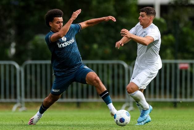 HAAKSBERGEN , 07-07-2026 , Ontmoetingspark De Greune , season 2026 2027 , Dutch pre-season football , friendly match between FC Utrecht and Apollon FC , picture shows FC Utrecht player Rafik El Arguioui and Apollon FC player Ivan Ljubic battle for possession Utrecht - Apollon  x204915587x Copyright: