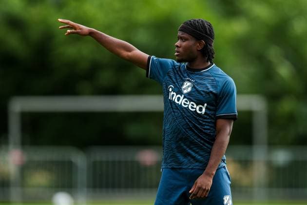 HAAKSBERGEN , 07-07-2026 , Ontmoetingspark De Greune , season 2026 2027 , Dutch pre-season football , friendly match between FC Utrecht and Apollon FC , picture shows FC Utrecht player Emeka Adiele gestures Utrecht - Apollon  x204915592x Copyright: