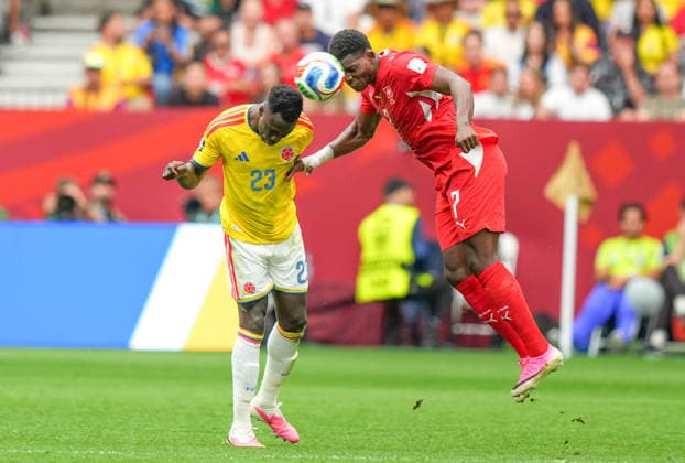 Switzerland v Colombia - FIFA World Cup, WM, Weltmeisterschaft, Fussball 2026 - Round of 16 VANCOUVER, CANADA - JULY 07: Davinson Sanchez (23) of Colombia in action against Breel Embolo (7) of Switzerland during the 2026 FIFA World Cup Round of 16 match between Switzerland and Colombia at BC Place in Vancouver, British Columbia, Canada, on July 07, 2026 Ercin Erturk Anadolu British Columbia Canada. Editorial use only. Please get in touch for any other usage.  Copyright: x2026xAnadoluxErcinxErturkx