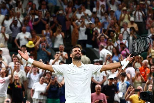 Novak Djokovic celebrates winning his quarter-final match Wimbledon Tennis Championships, Day 9, The All England Lawn Tennis and Croquet Club, London, UK - 07 Jul 2026London The All England Lawn Tennis and United Kingdom  Copyright: xJamesxMarsh Shutterstockx 16978027gj