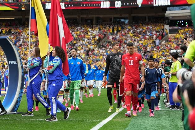 FIFA World Cup, WM, Weltmeisterschaft, Fussball 2026 - Round of 16 - Switzerland vs Colombia Granit Xhaka of Switzerland leads his teammates ahead of the FIFA World Cup 2026 Round of 16 match Switzerland against Colombia, in Vancouver, Canada, 07 July 2026. VANCOUVER Canada  Copyright: xBOBxFRIDx
