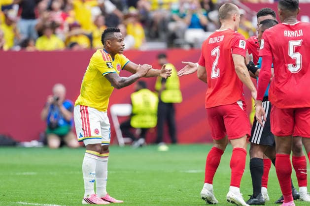 Jaminton Campaz of Colombia gestures during a FIFA Men’s World Cup 2026 round of 16 football match between Switzerland and Colombia at BC Place Vancouver, in Vancouver on July 07th 2026 (Photo by Alexandra Fechete SPP)  Copyright: xAlexandraxFechete SPPx Sportspressphoto_SPR187129