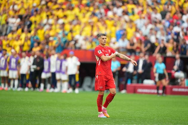 Switzerland v Colombia - FIFA World Cup, WM, Weltmeisterschaft, Fussball 2026 - Round of 16 VANCOUVER, CANADA - JULY 07: Granit Xhaka of Switzerland gestures before the penalty shoot-out during the 2026 FIFA World Cup Round of 16 match between Switzerland and Colombia at BC Place in Vancouver, British Columbia, Canada, on July 07, 2026. Ercin Erturk Anadolu British Columbia Canada. Editorial use only. Please get in touch for any other usage.  Copyright: x2026xAnadoluxErcinxErturkx