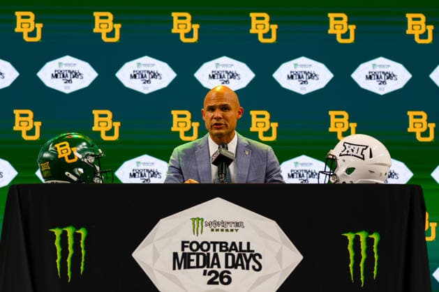 July 7, 2026, Frisco, Texas, USA: FRISCO, TX : Baylor head football coach DAVE ARANDA addresses the media during the 2026 Monster Energy Big 12 Media Days at the Ford Center in Frisco on Tuesday. 2026 Big 12 Media Days  - ZUMAm257 20260707_zsp_m257_053 Copyright: xBrianxMcLeanx