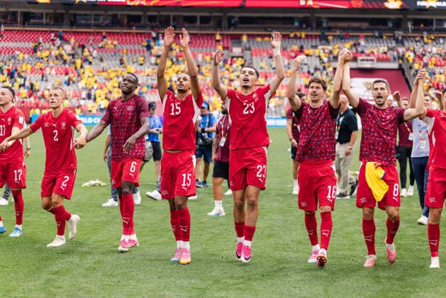 Switzerland players celebrate their victory during the FIFA World Cup, WM, Weltmeisterschaft, Fussball Round of 16 game between Switzerland and Colombia at BC Place on July 7, 2026 in Vancouver, British Colombia, Canada  Copyright: xCurtisxWongx xSPPx Sportspressphoto_SPR187205