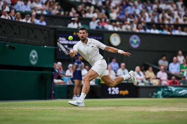 July 8, 2026, London, London, Great Britain: Novak Djokovic of Serbia returns with forehand during The Championships Wimbledon , 7.7.2026 in London (All England Lawn Tennis and Croquet Club), Great Britain Tennis 2026: Grand Slam: The Championships Wimbledon: 9th Day: Quarterfinal: DJOKOVIC 7:6 3:6 6:3 6:7 7:6 AUGER-ALLIASSIME  - ZUMAs343 20260708_zsp_s343_035 Copyright: xMathiasxSchulzx