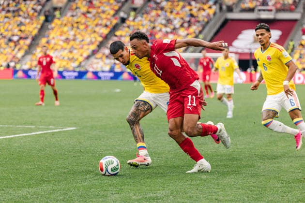 Dan Ndoye of Switzerland in action during the FIFA World Cup, WM, Weltmeisterschaft, Fussball Round of 16 game between Switzerland and Colombia at BC Place on July 7, 2026 in Vancouver, British Colombia, Canada  Copyright: xCurtisxWongx xSPPx Sportspressphoto_SPR187361