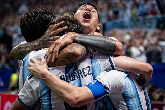 FOOTBALL : Argentina vs Egypt FIFA World Cup, WM, Weltmeisterschaft, Fussball 2026. Atlanta Stadium (Mercedes-Benz Stadium), Atlanta, Georgia, United States. 07 07 2026. Joie des joueurs de l equipe de apres le but de Lionel Messi 10 (Argentine) Enzo Fernandez 24 (Argentine)  Copyright: xElyxandroxCEGARRAx
