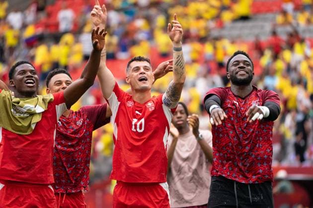 VANCOUVER, CANADA - JULY 7: Granit Xhaka of Switzerland and Team Switzerland celebrates after winning the FIFA World Cup, WM, Weltmeisterschaft, Fussball 2026 Round of 16 match between Switzerland and Colombia at BC Place Vancouver Stadium on July 7, 2026 in Vancouver, British Columbia, Canada.  Copyright: xAmyxElle SPPx Sportspressphoto_SPR187448