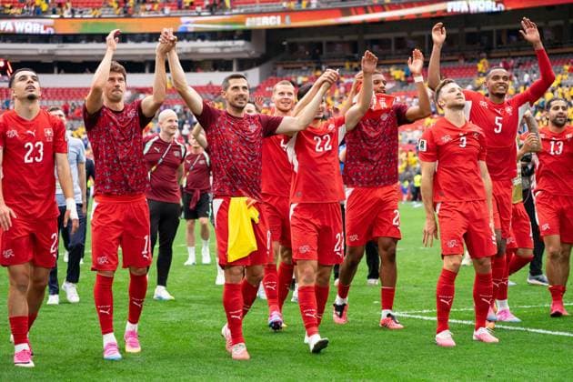 VANCOUVER, CANADA - JULY 7: Team Switzerland jumps and celebrates after winning the FIFA World Cup, WM, Weltmeisterschaft, Fussball 2026 Round of 16 match between Switzerland and Colombia at BC Place Vancouver Stadium on July 7, 2026 in Vancouver, British Columbia, Canada.  Copyright: xAmyxElle SPPx Sportspressphoto_SPR187453