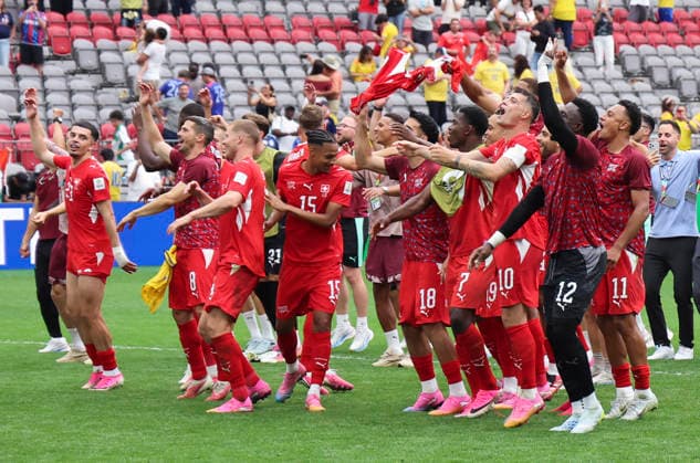 (260708) -- VANCOUVER, July 8, 2026 -- Players of Switzerland celebrate after the penalty shootout of the round of 16 match between Switzerland and Colombia at the 2026 FIFA World Cup, WM, Weltmeisterschaft, Fussball at BC Place Vancouver in Vancouver, Canada, on July 7, 2026. (Photo by Xinhua) (SP)CANADA-VANCOUVER-FOOTBALL-FIFA WORLD CUP-ROUND OF 16-SUI VS COL ZouxZheng 