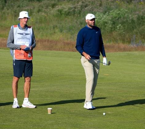 UK: The Genesis Scottish Open at The Renaissance Club, North Berwick, Scotland on 08 July 2026: Pictured: Scottie Scheffler (USA) and his caddie Ted Scott on the 1st fairway during the pro-am at the Genesis Scottish Open Championship 2026 North Berwick The Renaissance Club Scotland Scotland Copyright: xAlexxToddx