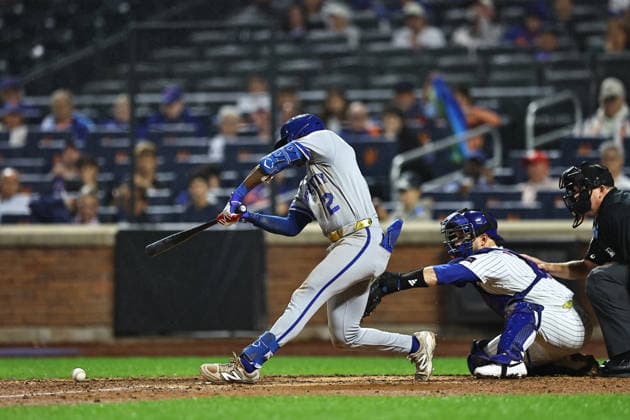 MLB, Baseball Herren, USA Kansas City Royals Vs. New York Mets Kansas City Royals player Tyler Tolbert 2 checks his swing and reaches on an infield single during the seventh inning of a baseball game against the New York Mets at Citi Field in Corona, New York, on July 7, 2026. New York City New York United States  Copyright: xGordonxDonovanx originalFilename:donovan-mlbkansa260707_npGFa.jpg
