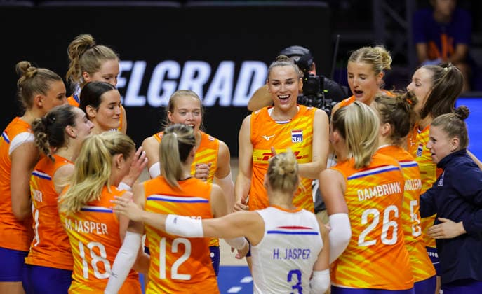 WomenÕs Volleyball Nations League - Belgrade 2026 Netherlands players celebrate after winning the WomenÕs Volleyball Nations League Pool 7 match between France v Netherlands at Belgrade Arena on July 08, 2026 in Belgrade, Serbia. Belgrade Serbia Copyright: xSrdjanxStevanovicx x