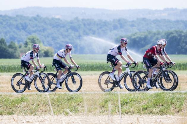 British Adam Yates of UAE Team Emirates XRG; Slovenian Tadej Pogacar of UAE Team Emirates XRG; Belgian Florian Vermeersch of UAE Team Emirates XRG and Belgian Lennert Van Eetvelt of Lotto Intermarche pictured in action during stage 5 of the 2026 Tour de France cycling race, a stage of 158km from Lannemezan to Pau, on Wednesday 8 July 2026. The 113th edition of the Tour de France starts on Saturday 4 July in Barcelona, Spain, and will finish in Paris, France on the 26th of July. JASPERxJACOBS  x180723121x